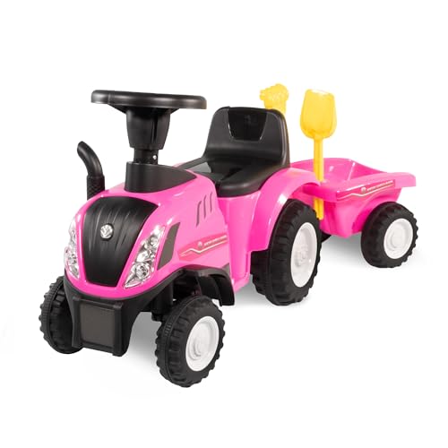 Rutschauto Traktor New Holland ab 1 Jahr | Kinderauto mit Anhänger | Rutschfahrzeug mit Schaufel und Rechen | Kinderfahrzeug in pink | Rutscher mit Soundtasten und Licht | Lizenziertes Kinderspielzeug von NATIV