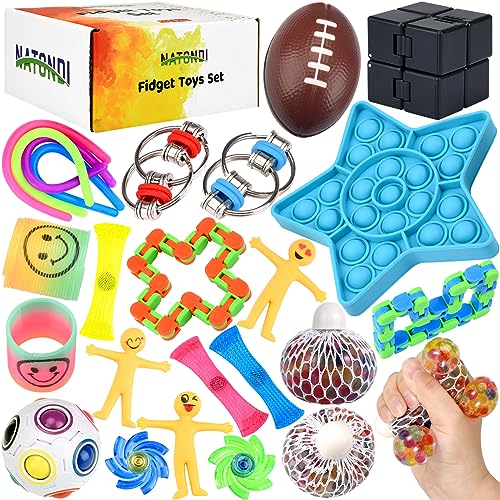 NATONDI Fidget Toys Set Box | 24 Stück Anti Stress Spielzeug und kleine Geschenke für Kinder mit Pop It, Infinity Cube und mehr | Beliebt bei Autismus & ADHD | Als Kindergeburtstag Gastgeschenke von NATONDI