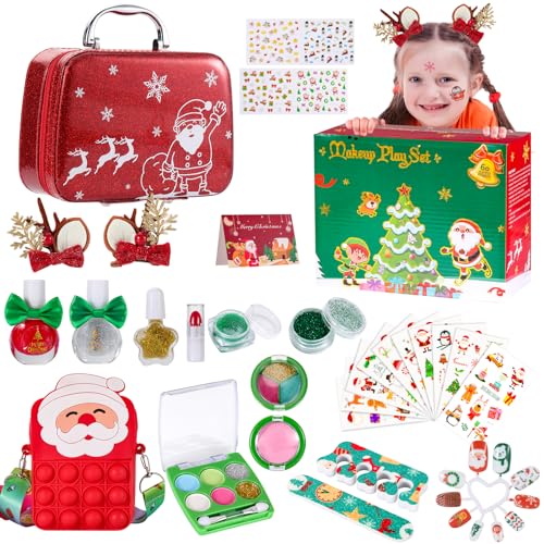 Weihnachts Kinderschminke Set Mädchen, Weihnachts Schminke Kinder Schminkkoffer Mädchen Waschbares Schminkset Mädchen Rollenspiel Kosmetik Spielzeug für Mädchen 4 5 6 7 +Jahre Geburtstags Weihnachts von NATTHSWE