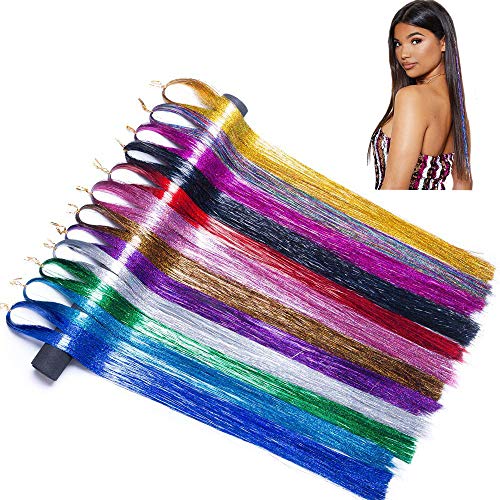 NATUCE 4800 Stück 12 Farben Haar Lametta Stränge, 120CM Haarlametta Verlängerungs-Set Funkelnde Glänzende Haar Lametta Extensions, Glänzende Haar Lametta Extensions Multi-Farben Haar Streifen von NATUCE