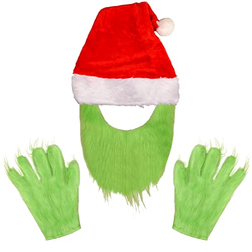 NAUZE Grinch Bart Nikolausmütze mit grünen Pelzhandschuhen Grinch Maske Handschuh Weihnachten Party Cosplay Kostüm Zubehör, grün, One size von NAUZE