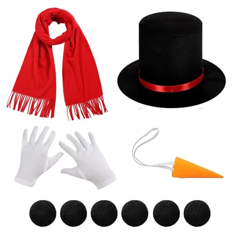 NAUZE Schneemann-Kostüm-Set, schwarzer Zylinder mit Band, Karotte, Nasenschal, Handschuhe, Pompom-Bälle, DIY-Schneemann-Requisiten für Cosplay-Kostüm, 11-teilig von NAUZE