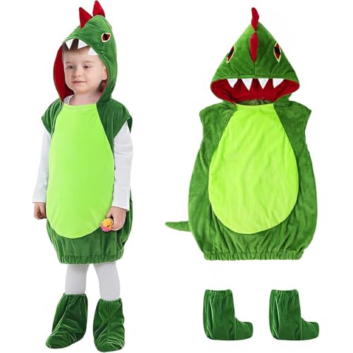 NAVESO Dino Kostüm Kinder, Dinosaurier Jumpsuit Kostüm, Dinosaurier Drachen Kostüm mit Kapuze, Kinder Dinosaurier Kostüm, Karneval Kostüm Jungen Mädchen mit Schuhüberzug (Grüner) von NAVESO