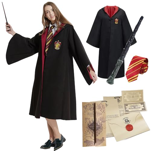 NAVESO Kostüm Harry, Zauberer Cosplay Kostüm, Cosplay Kostüm Harry, Magier Robe Kinder mit Harry Poter Zauberstäbe, Krawatte, Hermine Granger Kostüm für Karneval Cosplay Halloween von NAVESO