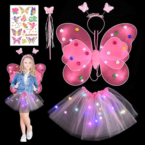 NAVESO Halloween Kostüm Kinder Mädchen, Leuchtende Kostüm Kinder, Prinzessin Kleid Mädchen mit Feenflügel Kinder, Tattoos und Zauberstab für Mädchen 2 3 4 5 6 7 Jahre Karneval Halloween Weihnachten von NAVESO