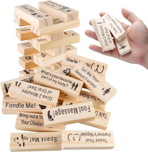 NAVESO Paar Spiele für Paare, Jenga Spiel Erwachsene, Naughty Block Tower Game, 48 Holzblöcke mit Wahrheit Oder Pflicht Fragen und Herausforderungen, Lustiges Paarspiel für Erwachsene von NAVESO