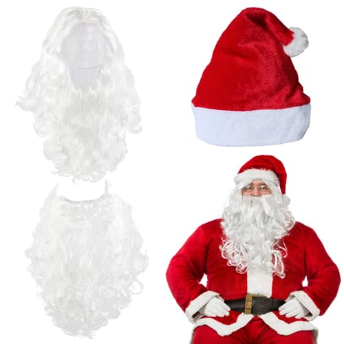 NAVESO Weihnachtsmann Bart + Perücke + Mütze, Nikolaus Bart und Perücke Set, Santa Claus Perücke Bart Weiß, Weihnachtsmann Kostüm, Weihnachtsmütze für Erwachsene, 3 in 1 Kostümzubehör für Nikolaus von NAVESO