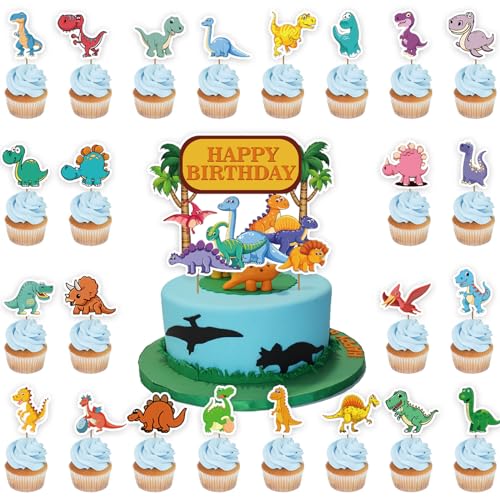 Dinosaurier Kuchen Topper 25 Stück Cupcake Toppers Muffin Cupcake Topper Dinosaurier Themen Party TortendekoTortendeko Happy Birthday Tortendeko für Kinder (Dino Thema) von NCBAKMV