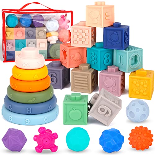 NCKIHRKK 24 PCS Weich Baby Bausteine,Babyblöcke,Babyspielzeug Stapelspiel,Montessori Sensorik Spielzeug Beißring,Weiche Quetsch Babyspielzeug Set mit Bälle,Weich Stapelblöcke für Baby 6 bis 12 Monate von NCKIHRKK