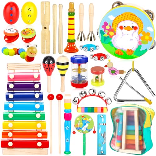 NCKIHRKK 29 Stück Musikinstrumente für Kinder, Holz Percussion Set Schlagzeug Schlagwerk Rhythm Toys, Holzschlaginstrumente für Spiel und Rhythmus, Xylophon, Spielzeug für Kleinkinder ab 3 Jahre von NCKIHRKK