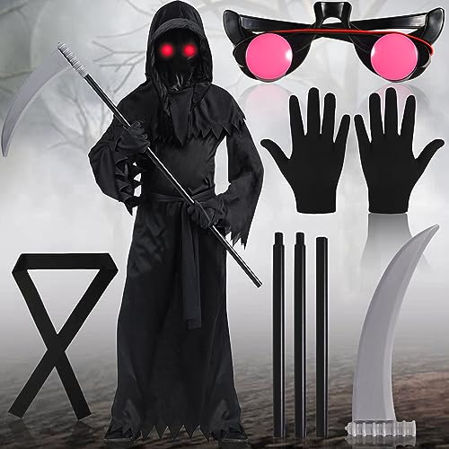 NCKIHRKK 7PCS Sensenmann Kostüm Kinder, Halloween Kostüm Kinder Jungen, Heloweenkostüme mit Handschuhe Sense Brille Gürtel Kette, Grim Reaper Sense Scream Kostüm für Halloween Dekoration, Cosplay von NCKIHRKK