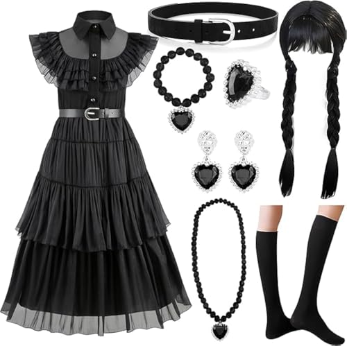 NCKIHRKK Halloween Kostüm Kinder Mädchen, 8 Stück Halloween Costume Kleid für Mädchen mit Perücke und Schmuck Accessoires, Halloween Kostüm Kinder für Geburtstag Halloween Karneval Cosplay, 110 cm von NCKIHRKK