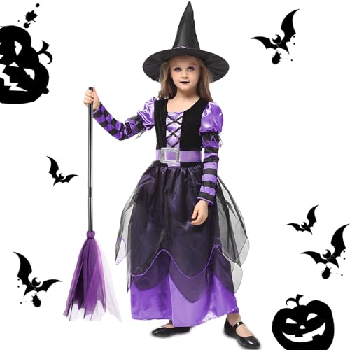 NCKIHRKK Hexenkostüm für Mädchen, 3 Teiliges Halloween Hexe Kostüm Kinder mit Hexenhut, Besen, Gürtel, Set Cosplay Halloween Fasching Karneval Hexen Kostüme für Kinder, 5-8 Jahren (M) von NCKIHRKK