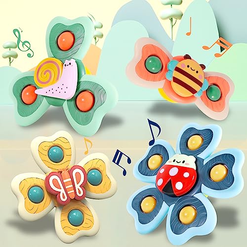 NCKIHRKK Saugnapf Spielzeug Baby, 4 Stück Fidget Toys Saugnapf Drehspielzeug, Insektenmuster Badespielzeug Wasserspielzeug für Kinder Toddler, Sensorik Spielzeug für Baby ab 18 Monate von NCKIHRKK