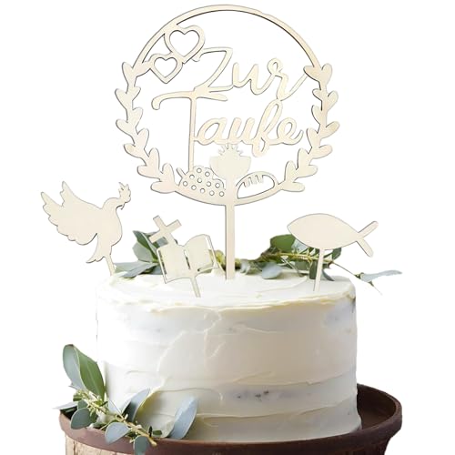 Cake Topper Taufe, Holz Tortendeko Taufe Set Tortenaufleger Taufe Deko Taufe Mädchen Junge, 4 Stück Cake Topper Personalisiert für Geburtstage Taufen Duschen von NCOALE