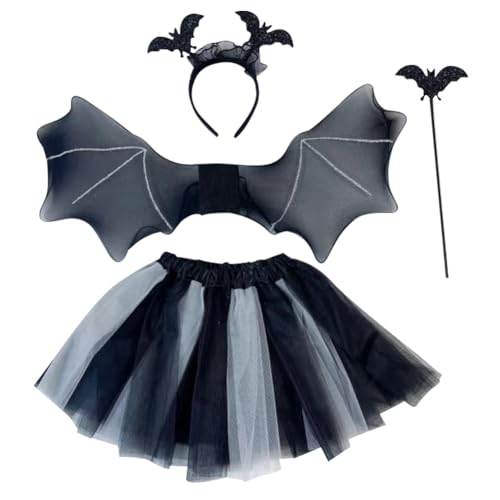 NDBLJTR Halloween Fledermaus Kostüm Kinder Set 4 Stück Fledermaus Flügel Kostüm Mädchen für Halloween Tutu Rock Maske Haarreif Zauberstab Performance Requisiten für Kinder Cosplay(Schwarz) von NDBLJTR