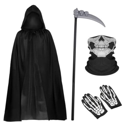 NDBLJTR Halloween Umhang Set Halloween Ghost Kostüm Sensenmann Herren, Schwarzer Umhang mit Kapuze Halloween Sense Gesicht Maske Handschuhe Halloween Party Dekoration, Cosplay, Karneval von NDBLJTR