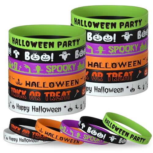 NEBURORA 24 Stück Halloween Gummi Armbänder 6 Designs Silikon Armbänder für Halloween Partygeschenke Süßes oder Saures Geschenke von NEBURORA