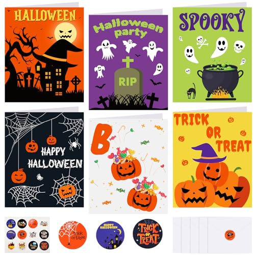 NEBURORA 30er-Pack Halloween Grußkarten mit Umschlägen und Aufklebern für Halloween Partygeschenke, Geschenke und Goodie Bag Füller,6 Designs von NEBURORA