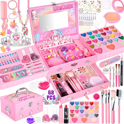 NEMMXUB Kinderschminke Set Mädchen, 68 Stück Kinder Schminkset Mädchen, Waschbar Kosmetik Ungiftig Make Up Spielzeug mit Schminkkoffer, Halloween Weihnachts Geburtstags Geschenke für Mädchen 5 Jahren von NEMMXUB