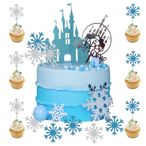 NEODTX Frozen Tortendeko 42 Stück Eiskönigin Happy Birthday Tortendeko Glitzer Blue Schloss Kuchen Deko,Silber Schneeflocken Muffin Cupcake Deko,für Kinder Mädchen,Hochzeitstorte Cake Topper von NEODTX