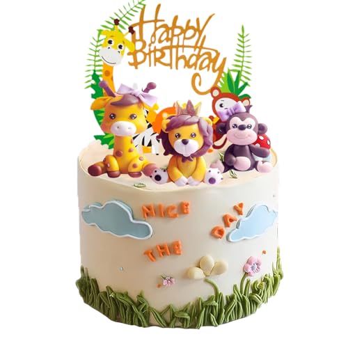 Neodtx Tortendeko 1. Geburtstag für Baby Kinder Mädchen,Happy Birthday Kuchendeko Tiere,Giraffe Löwen Affe Figuren Geburtstag Torten Deko Waldtiere Tortenfigur von NEODTX