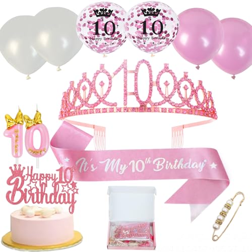 Neodtx 10. Geburtstag Mädchen 10 Jahre Geburtstagsdeko Schärpe Und Strass Geburtstag Crown "Happy 10th Birthday" Tortendeko Geburtstag,Luftballons,Kerze Geburtstagsdeko Mädchen Kinder Party Deko von NEODTX