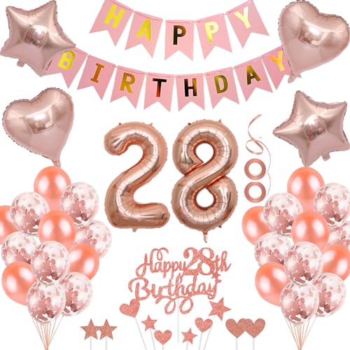 Neodtx 28. Geburtstag Mädchen Geburtstagsdeko Tortendeko luftballons Rosegold folienballon 28 jahre Frauen geschenk Happy Birthday Girlande für Geburtstagsdeko Geschenke für 28. Geburtstag von NEODTX