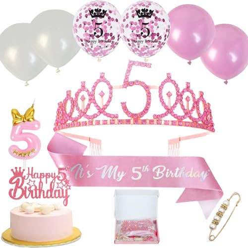 Neodtx 5. Geburtstag Mädchen 5 Jahre Rosa Geburtstagsdeko Schärpe Kinderkronen 11PCS Geschenk Set für 5 Geburtstagskrone Birthday Schärpe und Crown Tortendeko Luftballons Kerze 5th für Party Deko von NEODTX