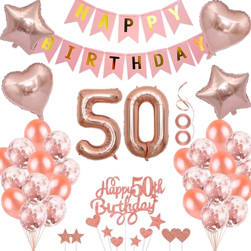 Neodtx 50. Geburtstag Mädchen Geburtstagsdeko Tortendeko luftballons Rosegold folienballon 50 jahre Frauen geschenk Happy Birthday Girlande für Geburtstagsdeko Geschenke für 50. Geburtstag von NEODTX