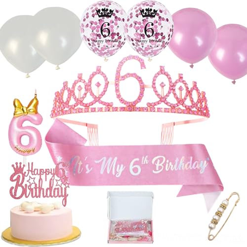 Neodtx 6. Geburtstag Mädchen 6 Jahre Geburtstagsdeko Schärpe Und Strass Geburtstag Crown "Happy 6th Birthday" Tortendeko Geburtstag,Luftballons,Kerze 6 Geburtstagsdeko Mädchen kinder Party Deko von NEODTX