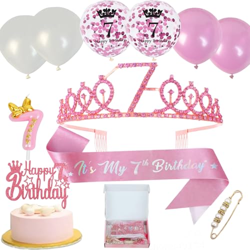 Neodtx 7. Geburtstag Mädchen 7 Jahre Geburtstagsdeko Schärpe Und Strass Geburtstag Crown "Happy 7th Birthday" Tortendeko Geburtstag,Luftballons,Kerze 7 Geburtstagsdeko Mädchen kinder Party Deko von NEODTX