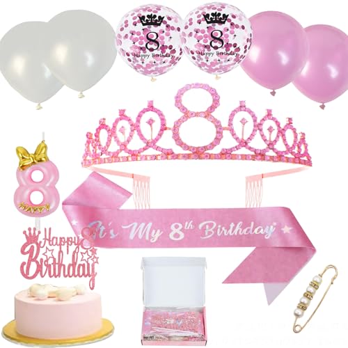 Neodtx 8. Geburtstag Mädchen 8 Jahre Rosa Geburtstagsdeko Schärpe Kinderkronen 11PCS Geschenk Set für 8 Geburtstagskrone Birthday Schärpe und Crown Tortendeko Luftballons Kerze 8th für Party Deko von NEODTX