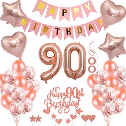 Neodtx 90. Geburtstag Mädchen Geburtstagsdeko Tortendeko luftballons Rosegold folienballon 90 jahre Frauen geschenk Happy Birthday Girlande für Geburtstagsdeko Geschenke für 90. Geburtstag von NEODTX