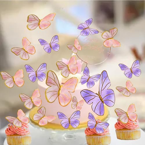 Neodtx Schmetterlinge Deko Torte 21 Stück Schmetterling Deko Geburtstag 3D Schmetterling Tortendeko Mädchen Happy Birthday Kuchen Deko Für Hochzeitstorte Deko Baby Party(1*Rosa Und Lila) von NEODTX