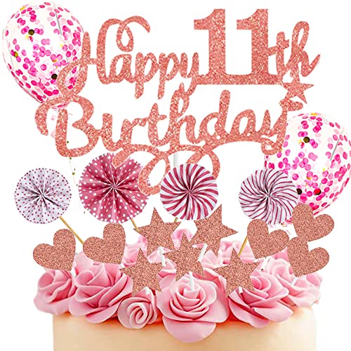 Neodtx Tortendeko 11. Geburtstag Mädchen,17 Stück Rosa Geburtstagsdeko Torte Für 11 Jahre,Pink Happy Birthday Kuchen Dekoration Glitzer Cake Topper Mit Luftballons Papierfächer Geburtstag Party Deko von NEODTX