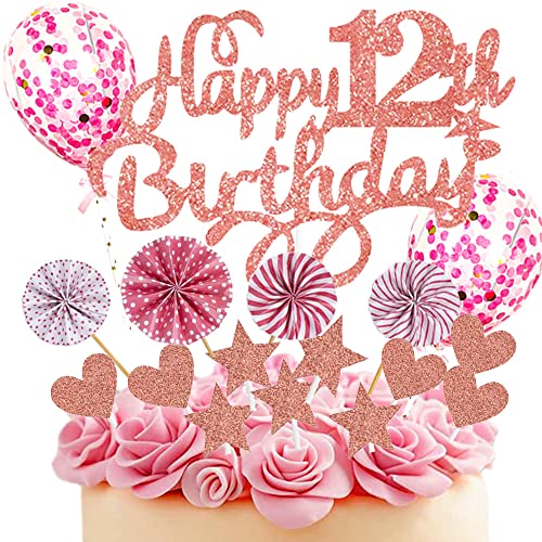 Neodtx Tortendeko 12. Geburtstag Mädchen,17 Stück Rosa Geburtstagsdeko Torte Für 12 Jahre,Pink Happy Birthday Kuchen Dekoration Glitzer Cake Topper Mit Luftballons Papierfächer Geburtstag Party Deko von NEODTX