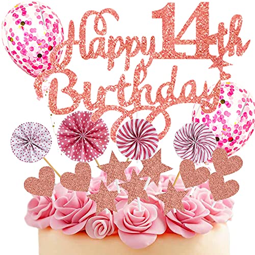 Neodtx Tortendeko 14. Geburtstag Mädchen,17 Stück Rosa Geburtstagsdeko Torte Für 14 Jahre,Pink Happy Birthday Kuchen Dekoration Glitzer Cake Topper Mit Luftballons Papierfächer Geburtstag Party Deko von NEODTX