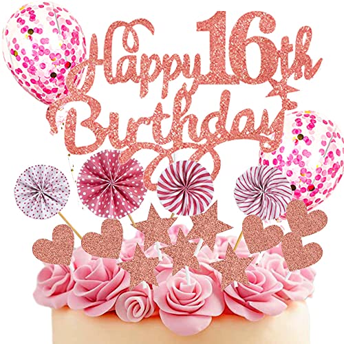 Neodtx Tortendeko 16. Geburtstag Mädchen,17 Stück Rosa Geburtstagsdeko Torte Für 16 Jahre,Pink Happy Birthday Kuchen Dekoration Glitzer Cake Topper Mit Luftballons Papierfächer Geburtstag Party Deko von NEODTX