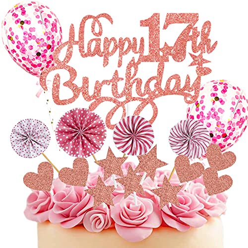 Neodtx Tortendeko 17. Geburtstag Mädchen,17 Stück Rosa Geburtstagsdeko Torte Für 17 Jahre,Pink Happy Birthday Kuchen Dekoration Glitzer Cake Topper Mit Luftballons Papierfächer Geburtstag Party Deko von NEODTX