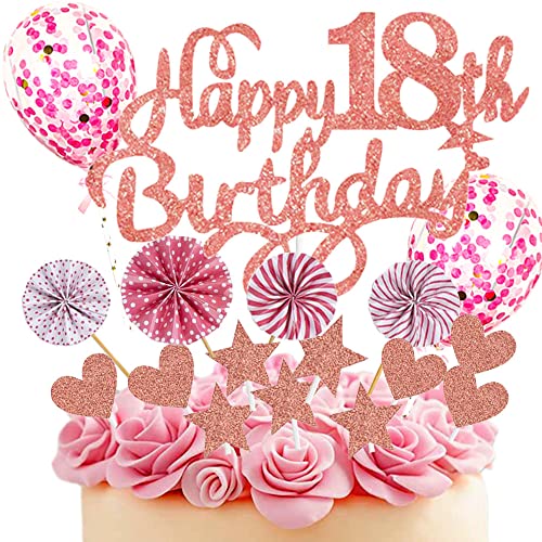 Neodtx Tortendeko 18. Geburtstag Mädchen,17 Stück Rosa Geburtstagsdeko Torte Für 18 Jahre,Pink Happy Birthday Kuchen Dekoration Glitzer Cake Topper Mit Luftballons Papierfächer Geburtstag Party Deko von NEODTX