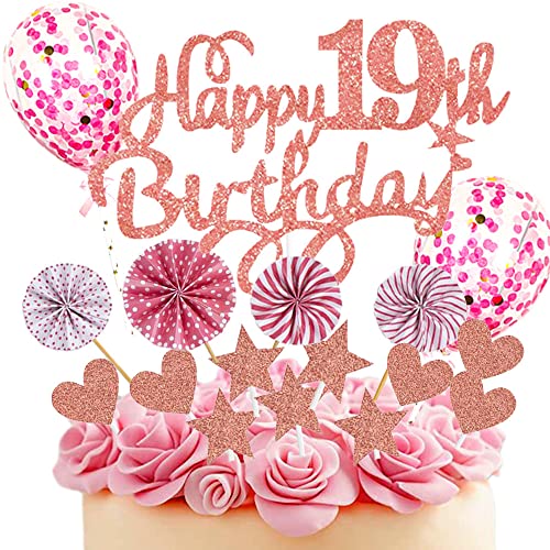 Neodtx Tortendeko 19. Geburtstag Mädchen,17 Stück Rosa Geburtstagsdeko Torte Für 19 Jahre,Pink Happy Birthday Kuchen Dekoration Glitzer Cake Topper Mit Luftballons Papierfächer Geburtstag Party Deko von NEODTX