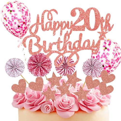 Neodtx Tortendeko 20. Geburtstag Mädchen,17 Stück Rosa Geburtstagsdeko Torte Für 20. Geburtstag Frau,Pink Happy Birthday Kuchen Dekoration Glitzer Cake Topper Geburtstag Geschenk Party Deko von NEODTX