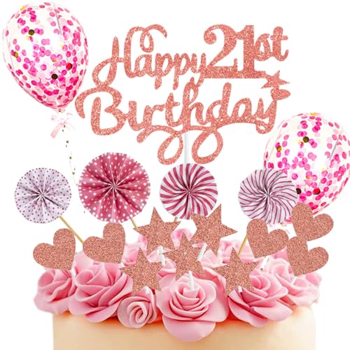 Neodtx Tortendeko 21. Geburtstag Mädchen,17 Stück Rosa Geburtstagsdeko Torte Für 21. Geburtstag Frau,Pink Happy Birthday Kuchen Dekoration Glitzer Cake Topper Geburtstag Geschenk Party Deko von NEODTX