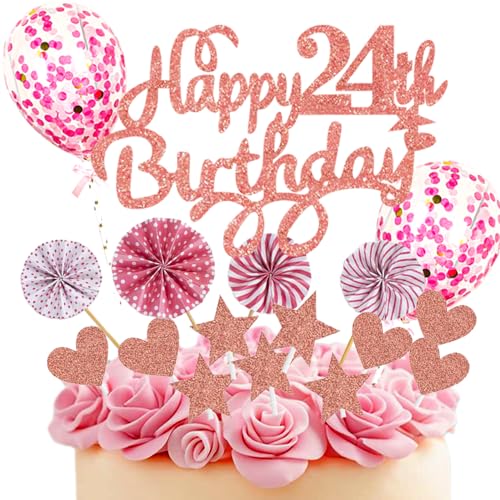 Neodtx Tortendeko 24. Geburtstag Mädchen,17 Stück Rosa Geburtstagsdeko Torte Für 24. Geburtstag Frau,Pink Happy Birthday Kuchen Dekoration Glitzer Cake Topper Geburtstag Geschenk Party Deko von NEODTX