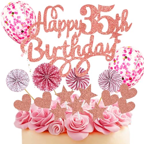 Neodtx Tortendeko 35. Geburtstag Frau,17 Stück Rosa Geburtstagsdeko Torte Für 35. Geburtstag Mädchen,Pink Happy Birthday Kuchen Dekoration Glitzer Cake Topper Geburtstag Geschenk Party Deko von NEODTX