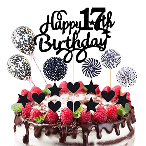 Neodtx Tortendeko Schwarz 17.Geburtstag Junge Deko17 Stk Black Happy Birthday Torte Für 17 Jahre Mädchen Kuchen Glitzer Cake Topper Konfetti-Luftballons Papierfächer Party Deko von NEODTX