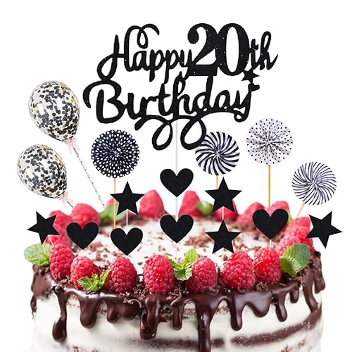 Neodtx Tortendeko Schwarz 20.Geburtstag Junge Deko 17 Stk Black Happy Birthday Torte Für 20 Jahre Mädchen Kuchen Glitzer Cake Topper Konfetti-Luftballons Papierfächer Party Deko von NEODTX