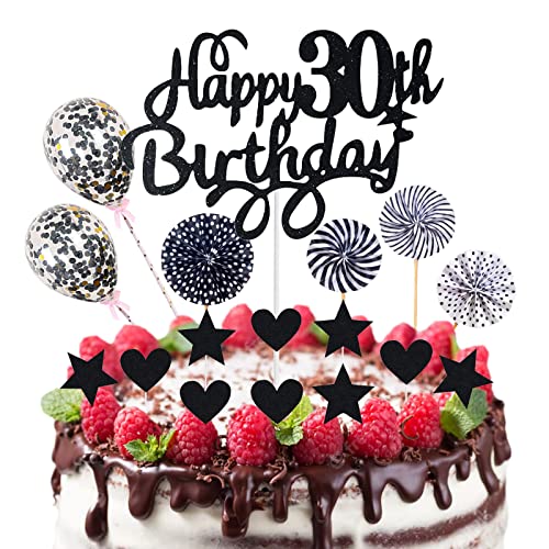 Neodtx Tortendeko Schwarz 30.Geburtstag männer Deko 17 Stk Black Happy Birthday Torte Für 30 Jahre Mann Mädchen Kuchen Glitzer Cake Topper Konfetti-Luftballons Papierfächer Party Deko von NEODTX