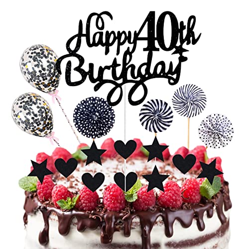 Neodtx Tortendeko Schwarz 40.Geburtstag männer Deko 17 Stk Black Happy Birthday Torte Für 40 Jahre Mann Mädchen Kuchen Glitzer Cake Topper Konfetti-Luftballons Papierfächer Party Deko von NEODTX